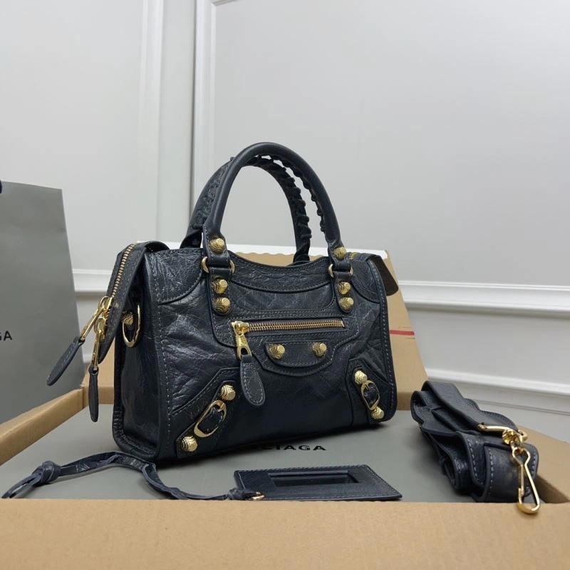 Balenciaga  Exclusive Deep Gray Cracked Lambskin Mini City Bag with Gold Accents Contemporary 78372