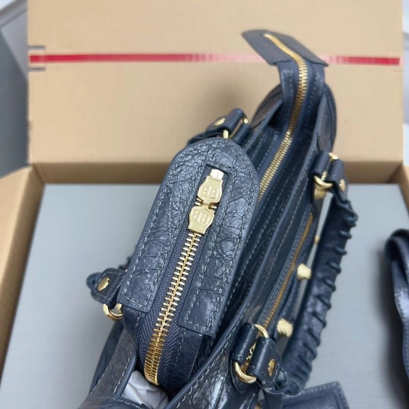 Balenciaga  Exclusive Deep Gray Cracked Lambskin Mini City Bag with Gold Accents Contemporary 78372