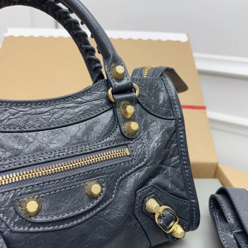 Balenciaga  Exclusive Deep Gray Cracked Lambskin Mini City Bag with Gold Accents Contemporary 78372