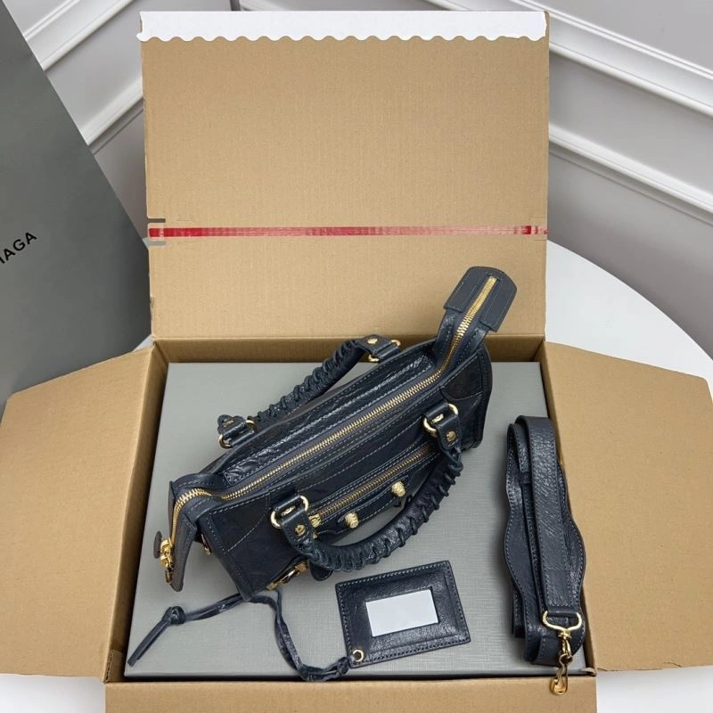 Balenciaga  Exclusive Deep Gray Cracked Lambskin Mini City Bag with Gold Accents Contemporary 78372