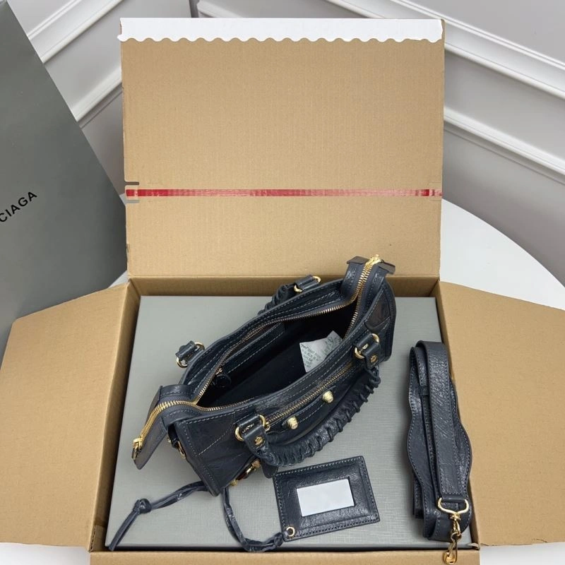 Balenciaga  Exclusive Deep Gray Cracked Lambskin Mini City Bag with Gold Accents Contemporary 78372