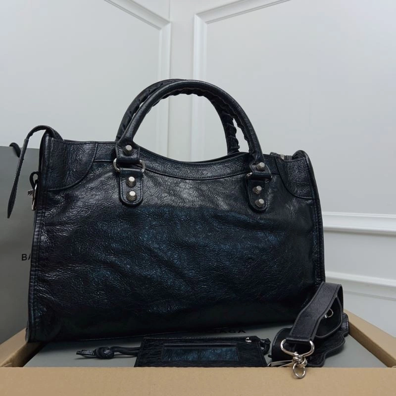 TimelessDesign Balenciaga  Luxury Cracked Lambskin Black Tote with Pineapple Silver Studs 78367
