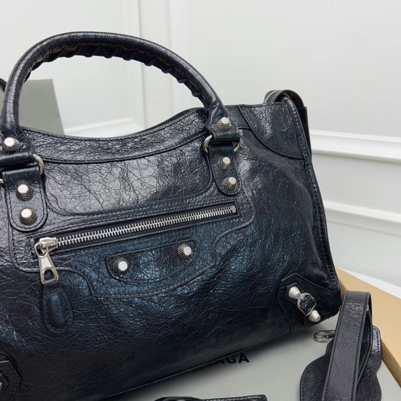 TimelessDesign Balenciaga  Luxury Cracked Lambskin Black Tote with Pineapple Silver Studs 78367