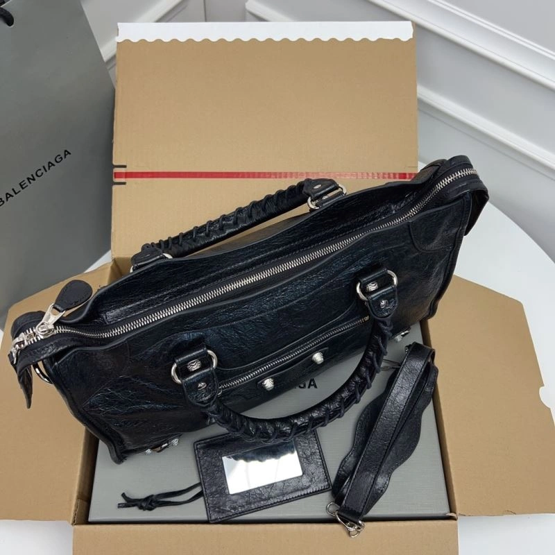 TimelessDesign Balenciaga  Luxury Cracked Lambskin Black Tote with Pineapple Silver Studs 78367