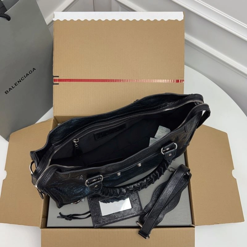 TimelessDesign Balenciaga  Luxury Cracked Lambskin Black Tote with Pineapple Silver Studs 78367