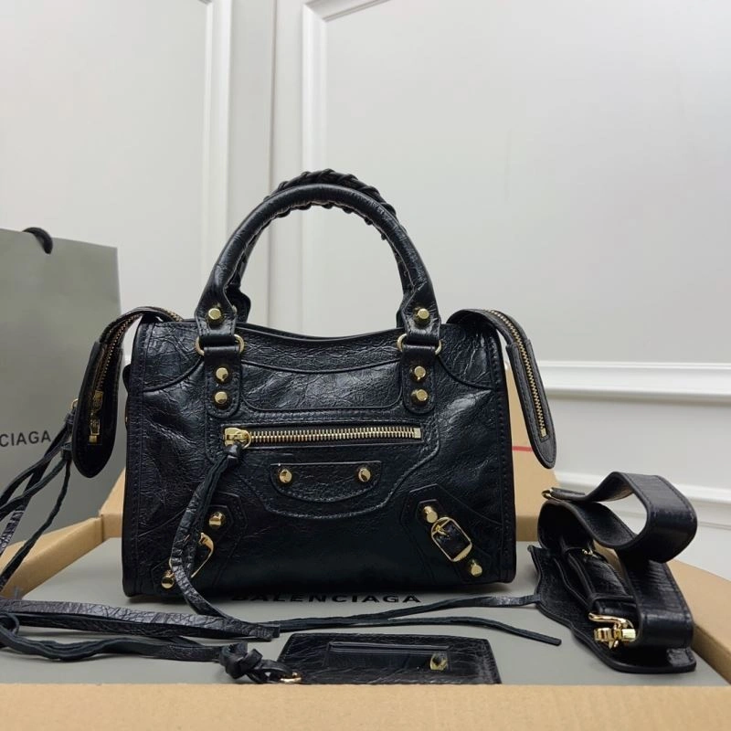 Balenciaga  Luxury Cracked Lambskin Mini City Bag with Gold Studs Thermal 78358