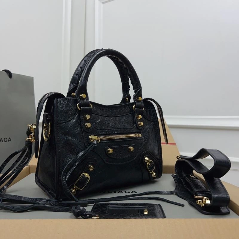Balenciaga  Luxury Cracked Lambskin Mini City Bag with Gold Studs Thermal 78358