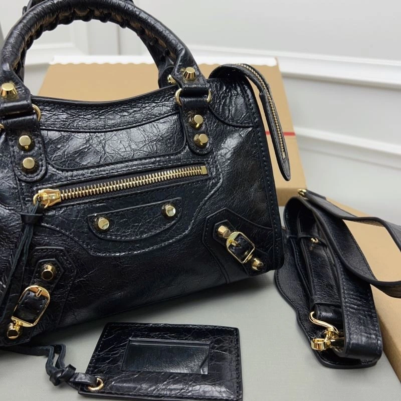 Balenciaga  Luxury Cracked Lambskin Mini City Bag with Gold Studs Thermal 78358