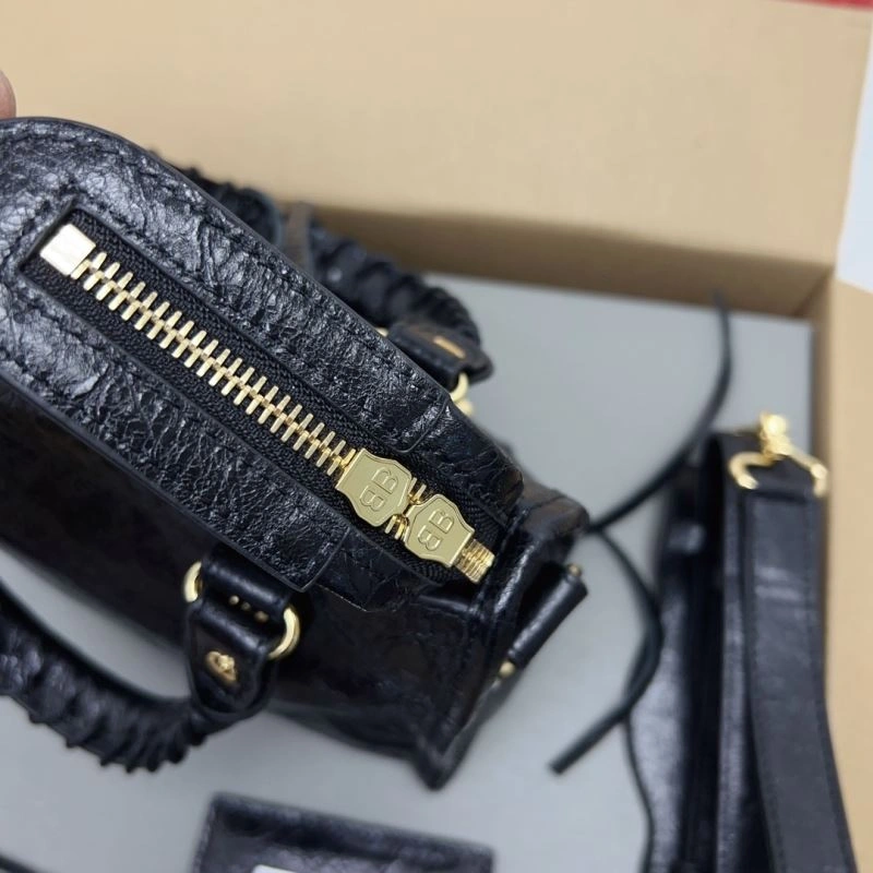 Balenciaga  Luxury Cracked Lambskin Mini City Bag with Gold Studs Thermal 78358