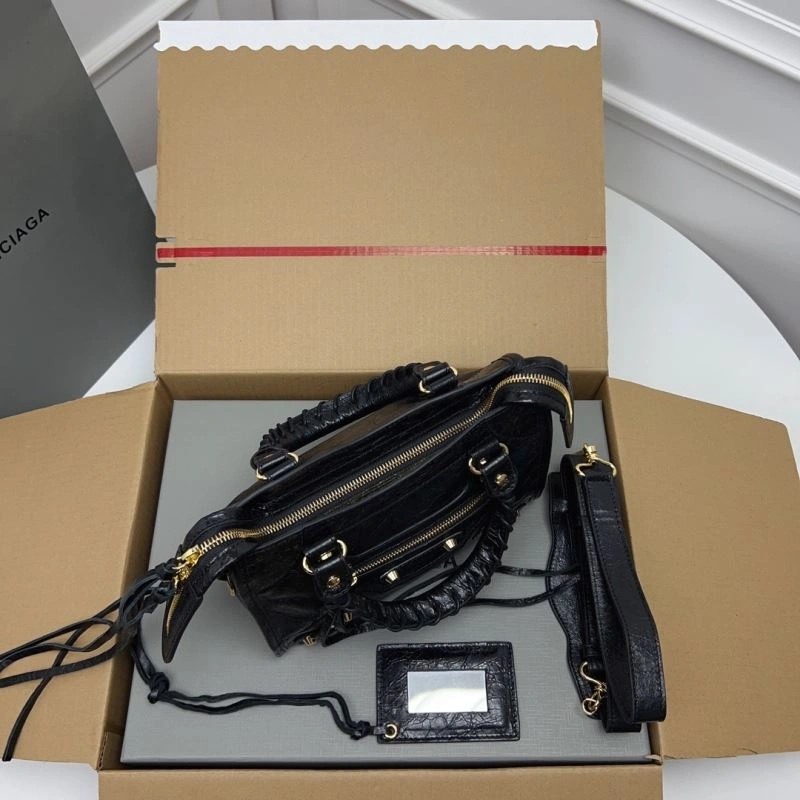 Balenciaga  Luxury Cracked Lambskin Mini City Bag with Gold Studs Thermal 78358