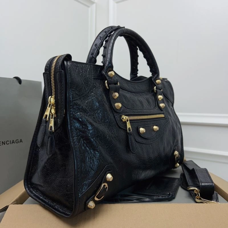 Balenciaga   Cracked Lambskin Black Tote with Pineapple Gold Studs HighPerformance 78342