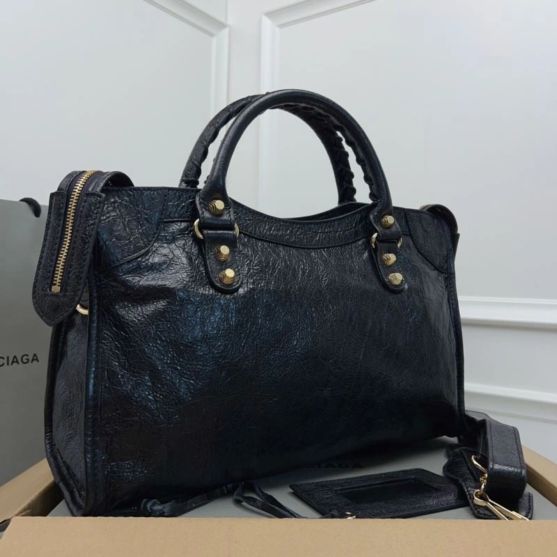 Balenciaga   Cracked Lambskin Black Tote with Pineapple Gold Studs HighPerformance 78342