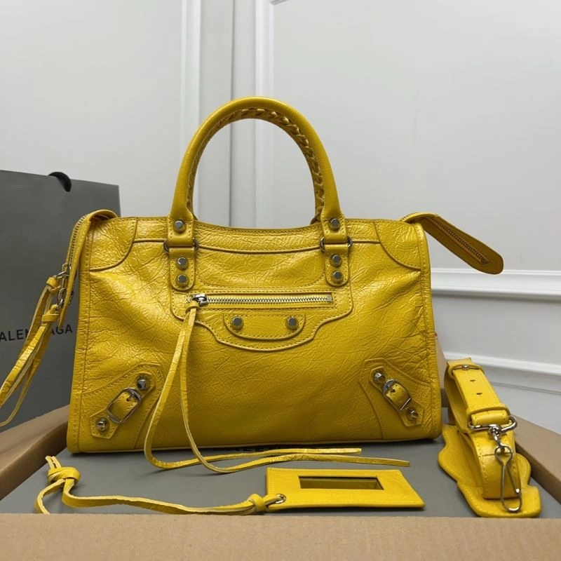 Sleek Balenciaga  Yellow Crackle Lambskin  Gold City Bag - D.Pink 78345