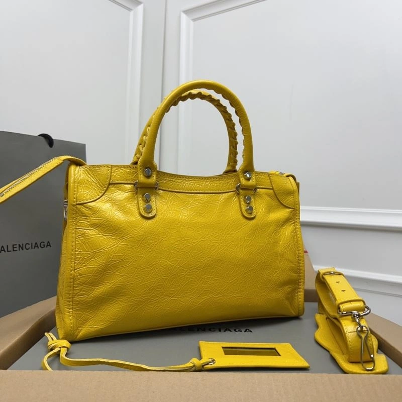 Sleek Balenciaga  Yellow Crackle Lambskin  Gold City Bag - D.Pink 78345