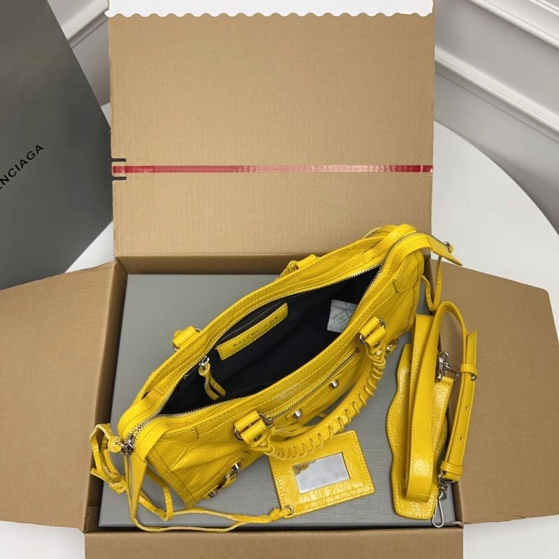 Sleek Balenciaga  Yellow Crackle Lambskin  Gold City Bag - D.Pink 78345
