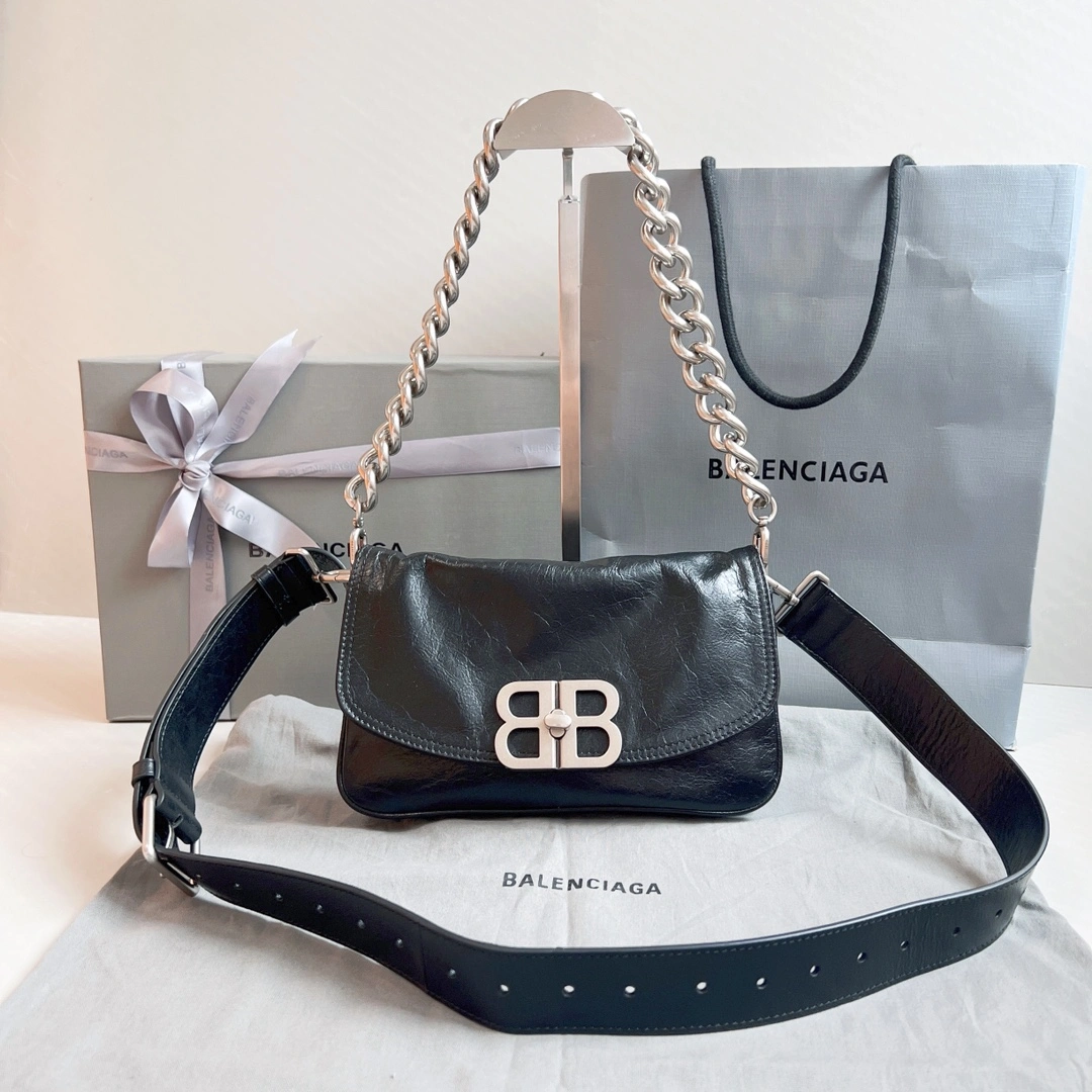Minimalist Balenciaga BB  Chain Bag - Small Oil Wax Black Elegance 60888