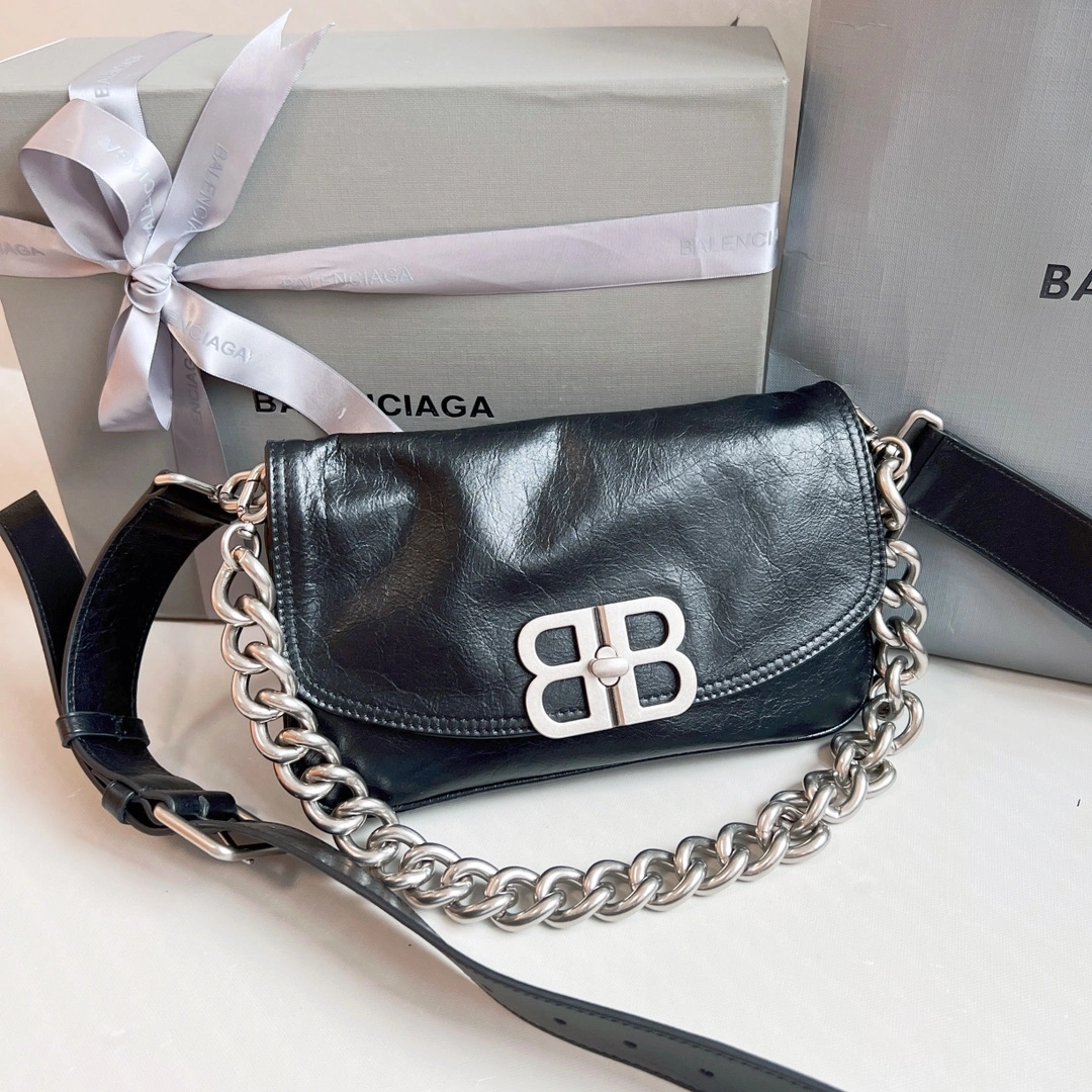 Minimalist Balenciaga BB  Chain Bag - Small Oil Wax Black Elegance 60888