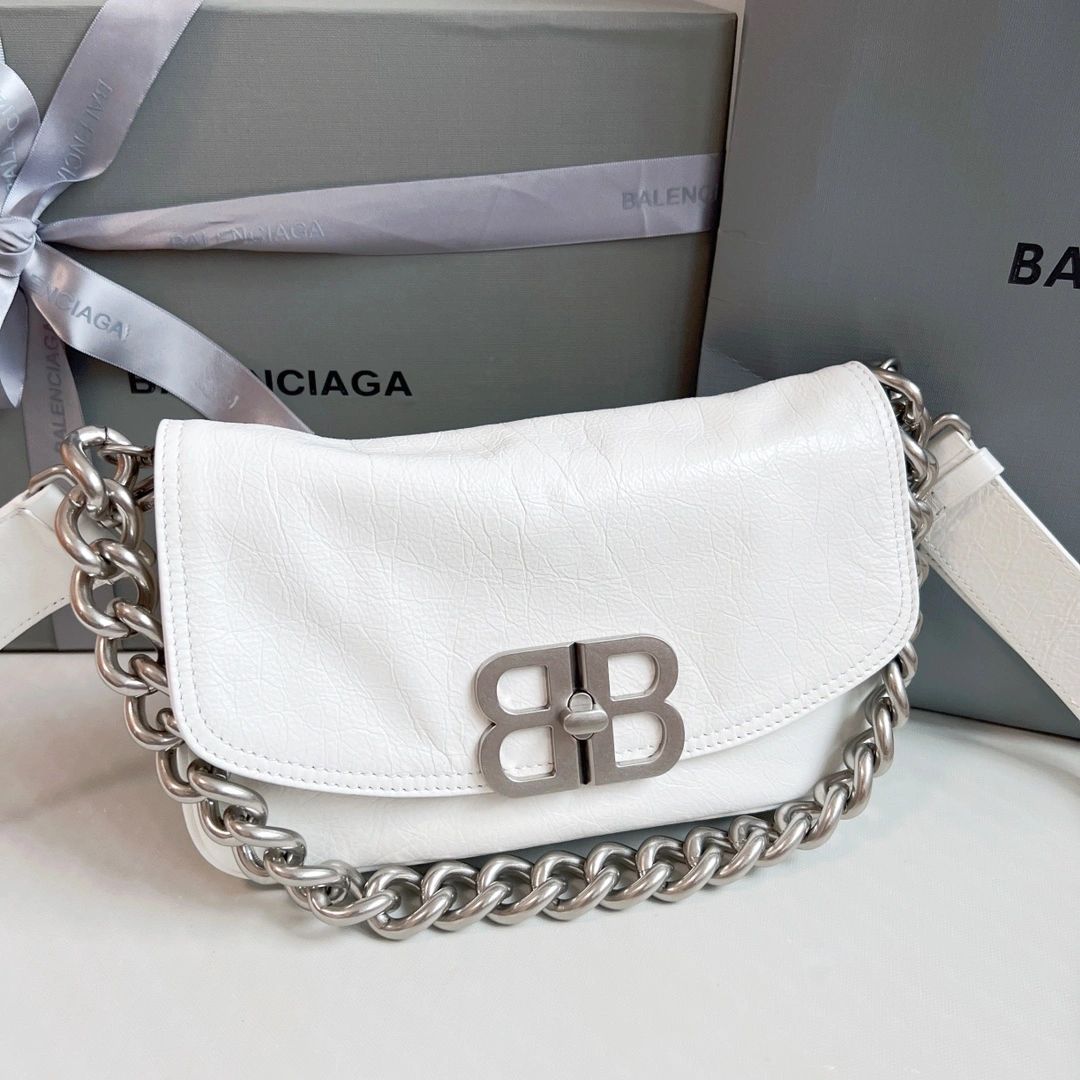 Balenciaga BB  Small Oil Wax White Chain Shoulder Bag FreshLook 60892