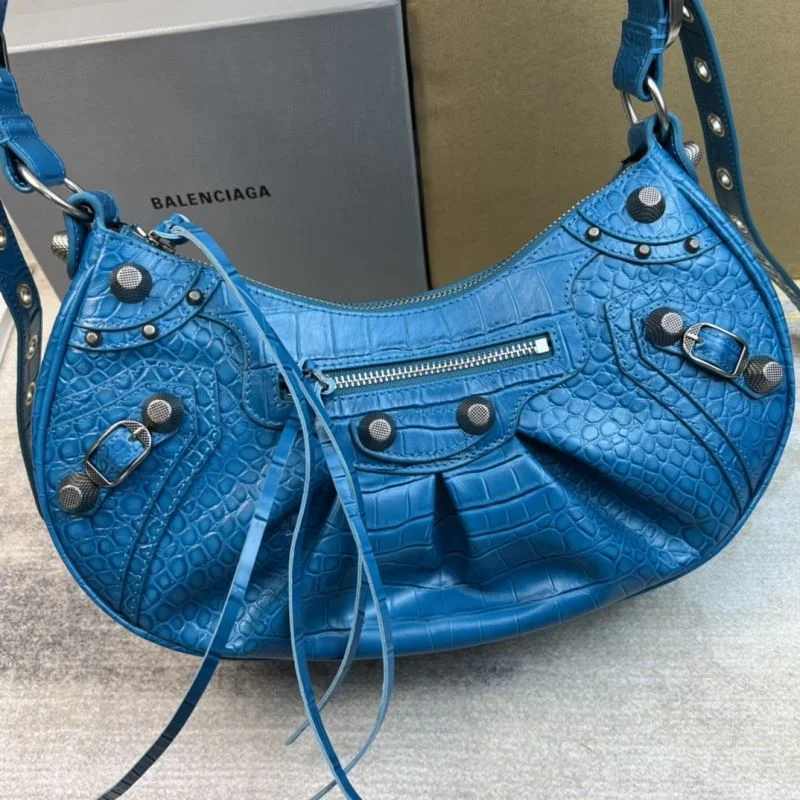 Seasonal Balenciaga Big Blue Crocodile Half-Moon Motorcycle Style Dumpling Bag 38353