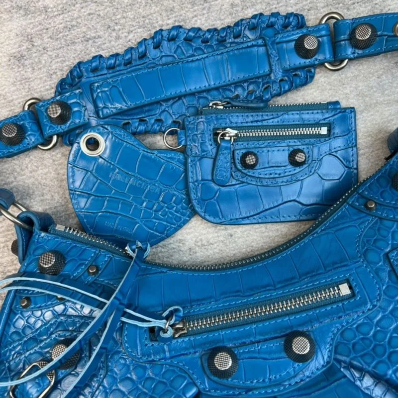 Seasonal Balenciaga Big Blue Crocodile Half-Moon Motorcycle Style Dumpling Bag 38353