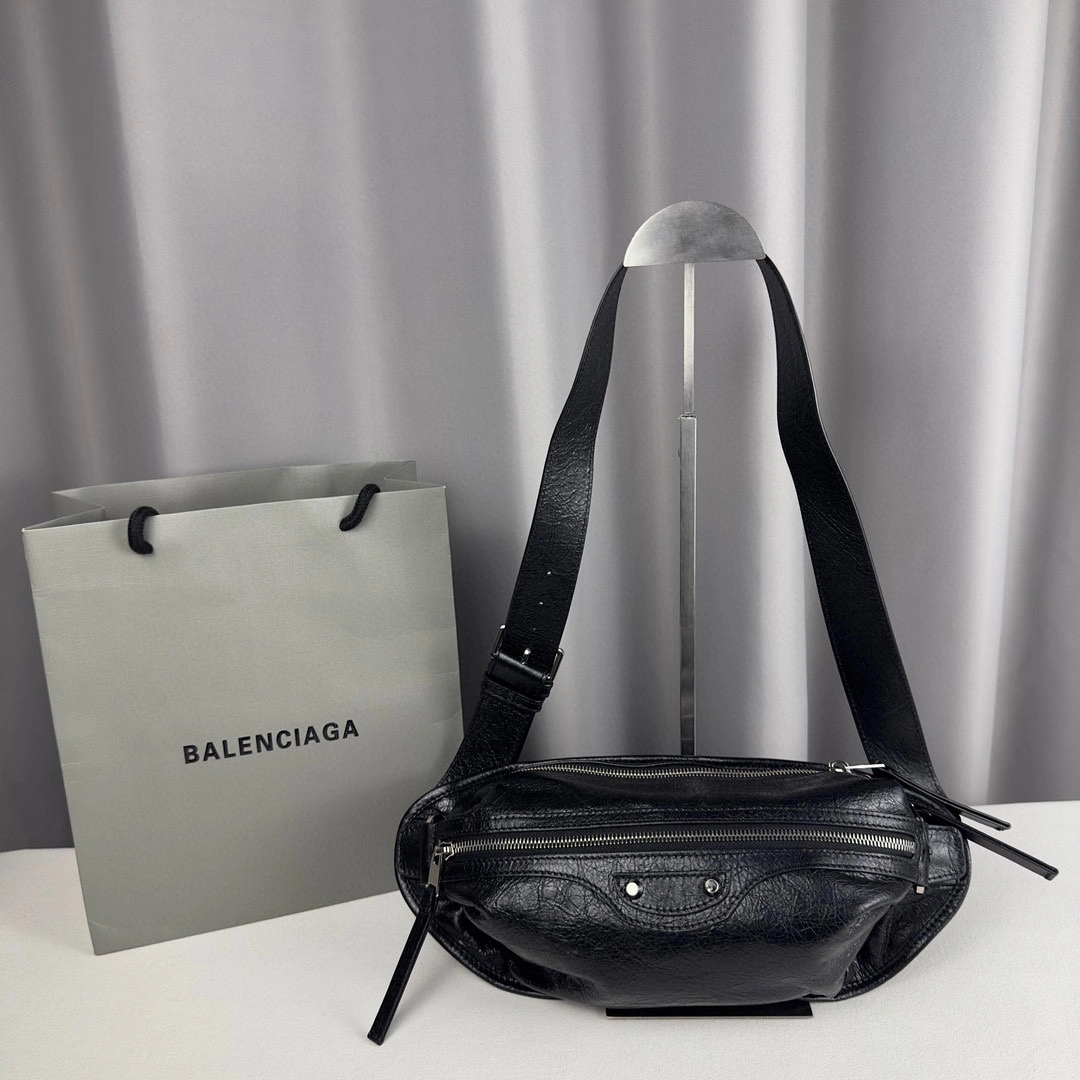 TravelReady Balenciaga Black Cracked Lambskin Motorcycle Chest Bag 60851