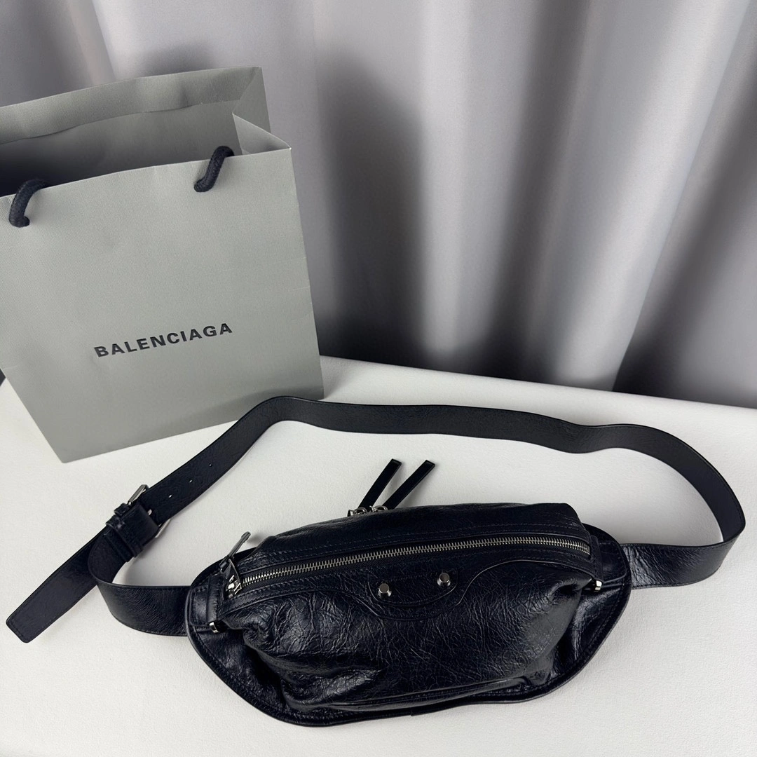 TravelReady Balenciaga Black Cracked Lambskin Motorcycle Chest Bag 60851