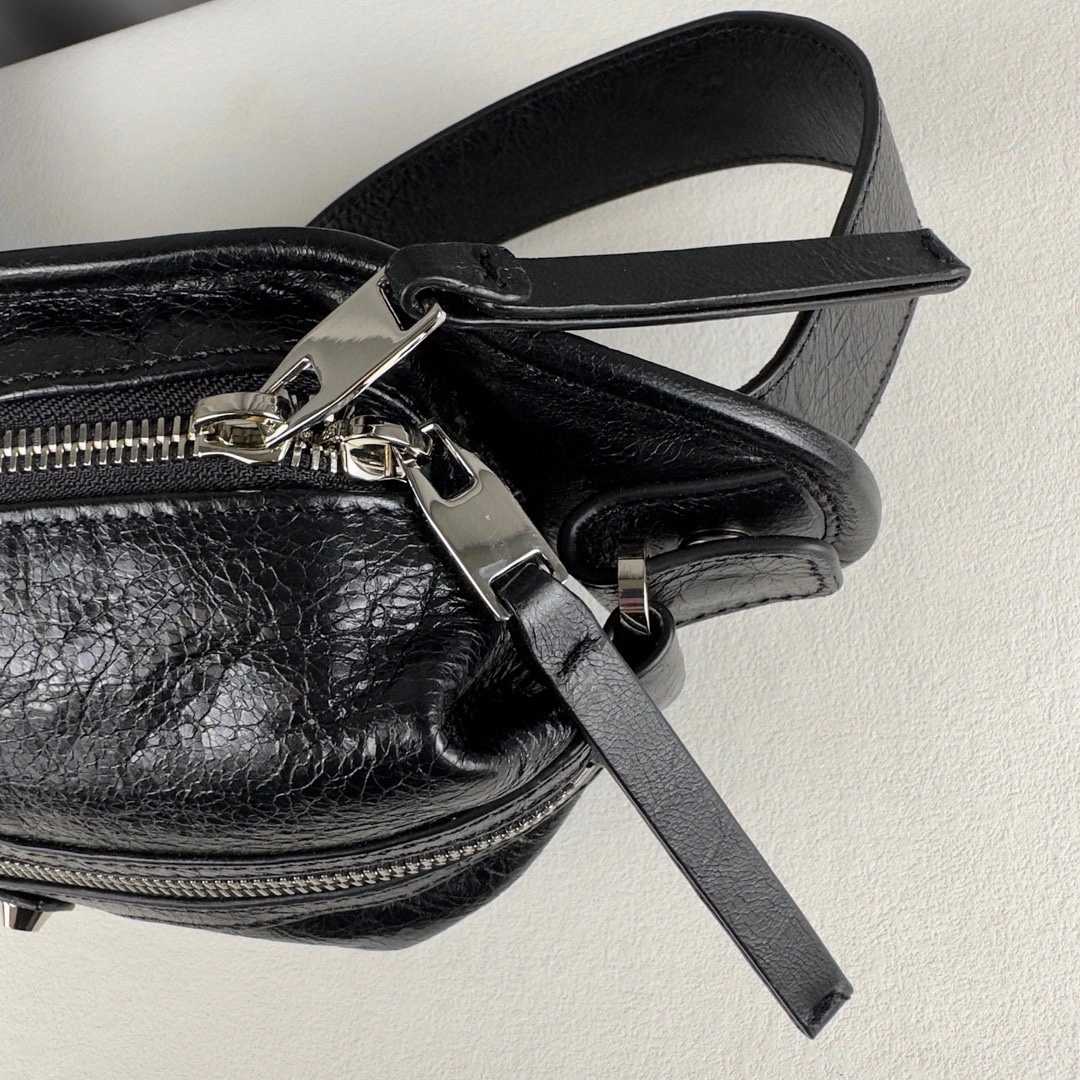 TravelReady Balenciaga Black Cracked Lambskin Motorcycle Chest Bag 60851