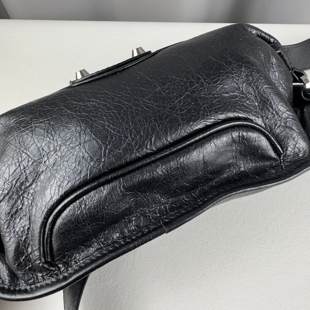 TravelReady Balenciaga Black Cracked Lambskin Motorcycle Chest Bag 60851