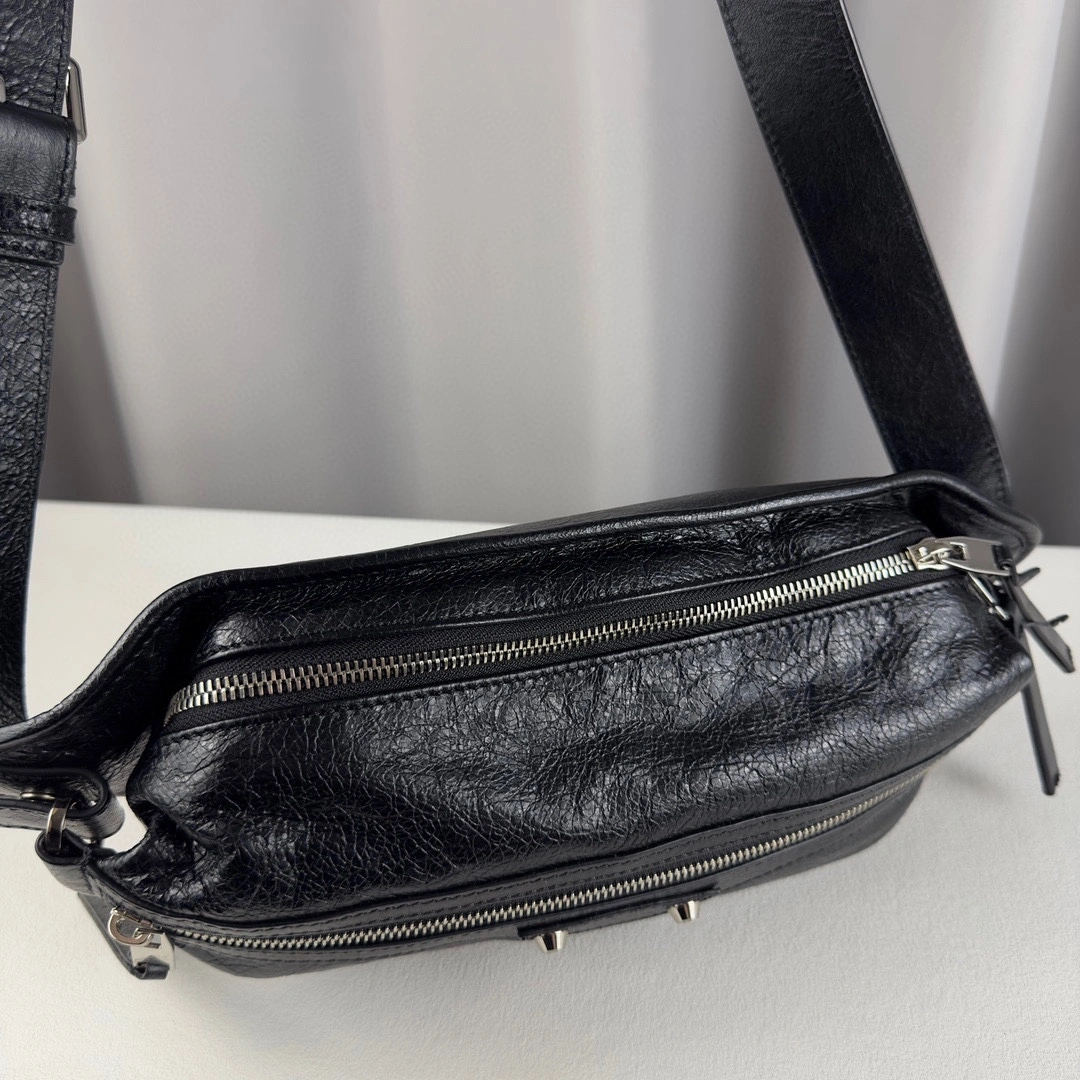 TravelReady Balenciaga Black Cracked Lambskin Motorcycle Chest Bag 60851