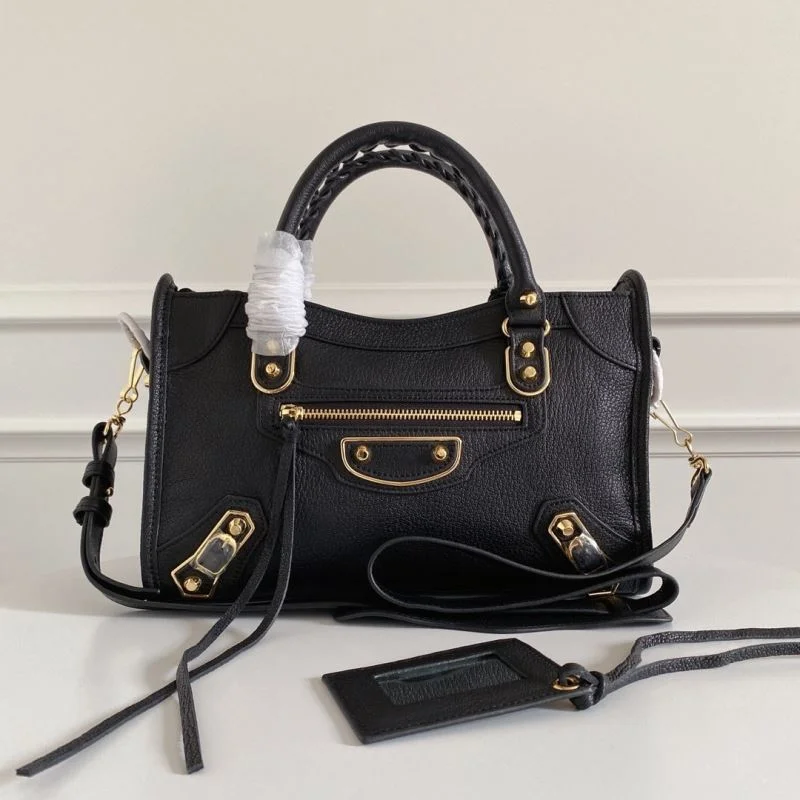 TravelReady Balenciaga Black Goat Leather Motorcycle Bag with Gold Studs 38309