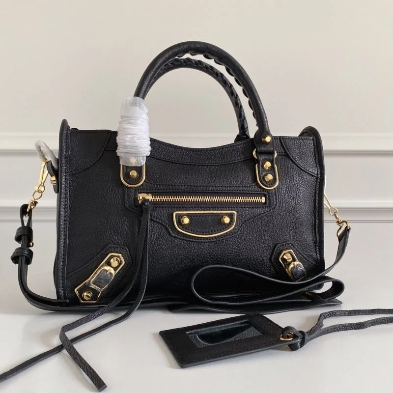 TravelReady Balenciaga Black Goat Leather Motorcycle Bag with Gold Studs 38309