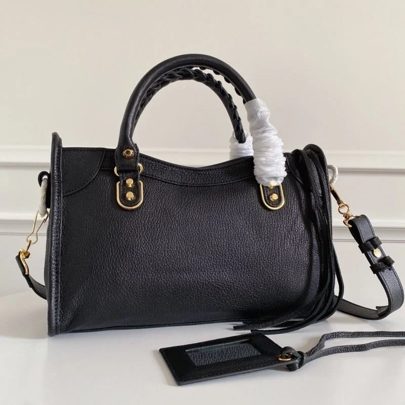 TravelReady Balenciaga Black Goat Leather Motorcycle Bag with Gold Studs 38309