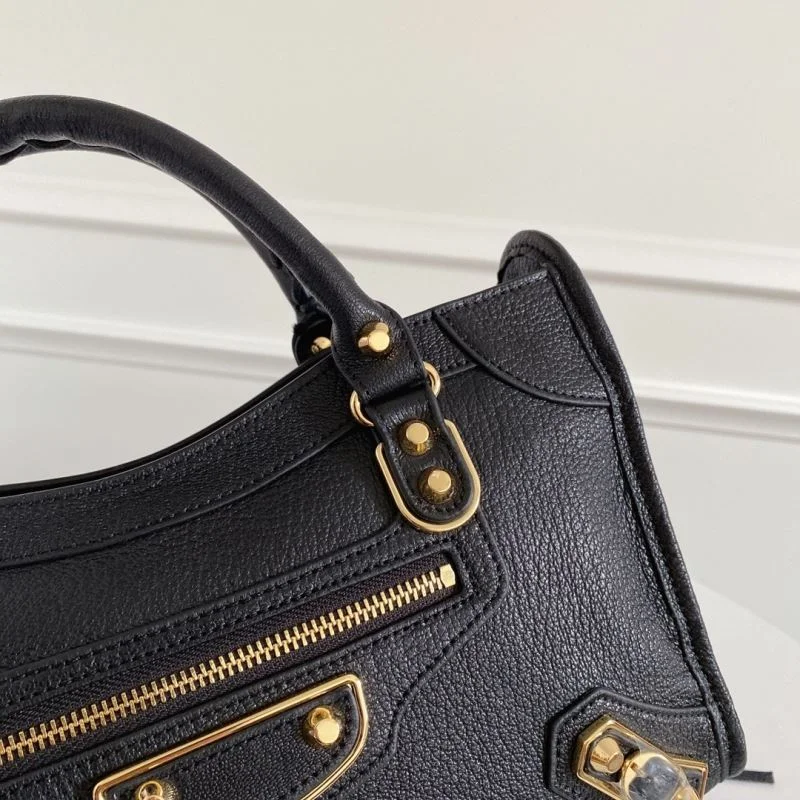 TravelReady Balenciaga Black Goat Leather Motorcycle Bag with Gold Studs 38309