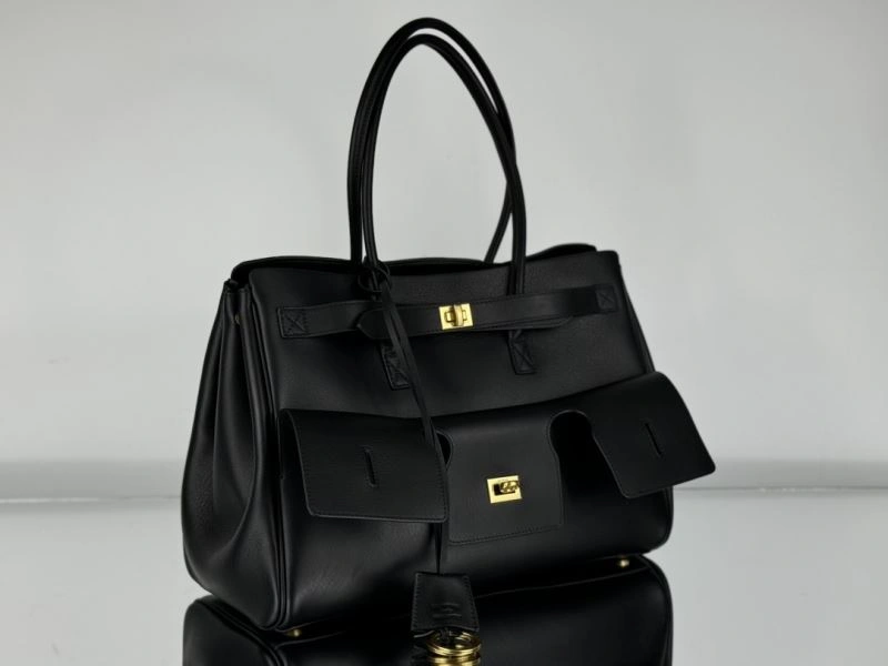 Upgraded Balenciaga Black Gold Bel-Air Oversized  Calfskin Bag 67012