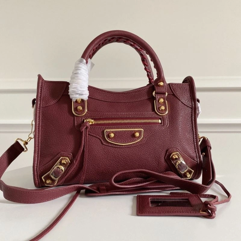 Chic Balenciaga Burgundy Goat Leather Motorcycle Bag with Gold Studs - 30cm 66934