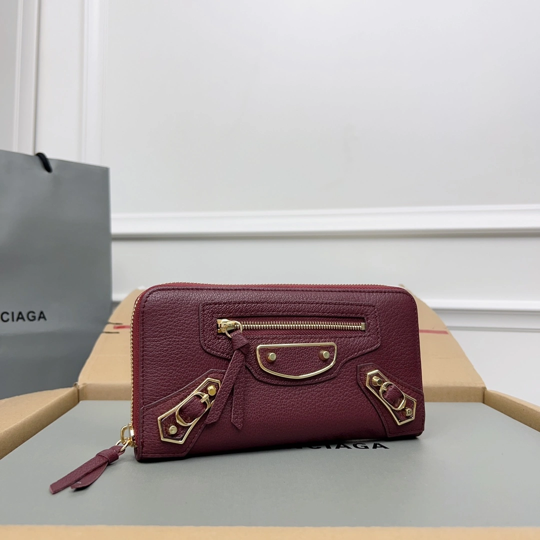 Balenciaga Burgundy Vintage Leather Motorcycle Wallet with Heart Design Trendy 60830