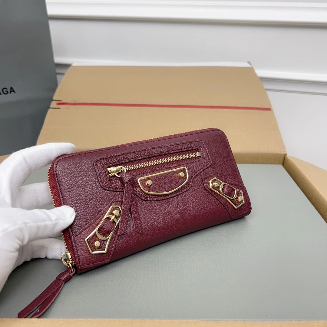 Balenciaga Burgundy Vintage Leather Motorcycle Wallet with Heart Design Trendy 60830