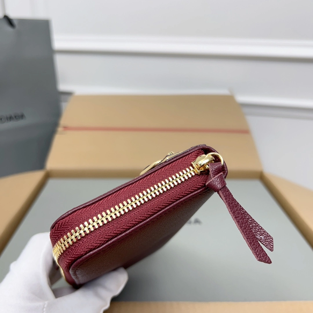 Balenciaga Burgundy Vintage Leather Motorcycle Wallet with Heart Design Trendy 60830
