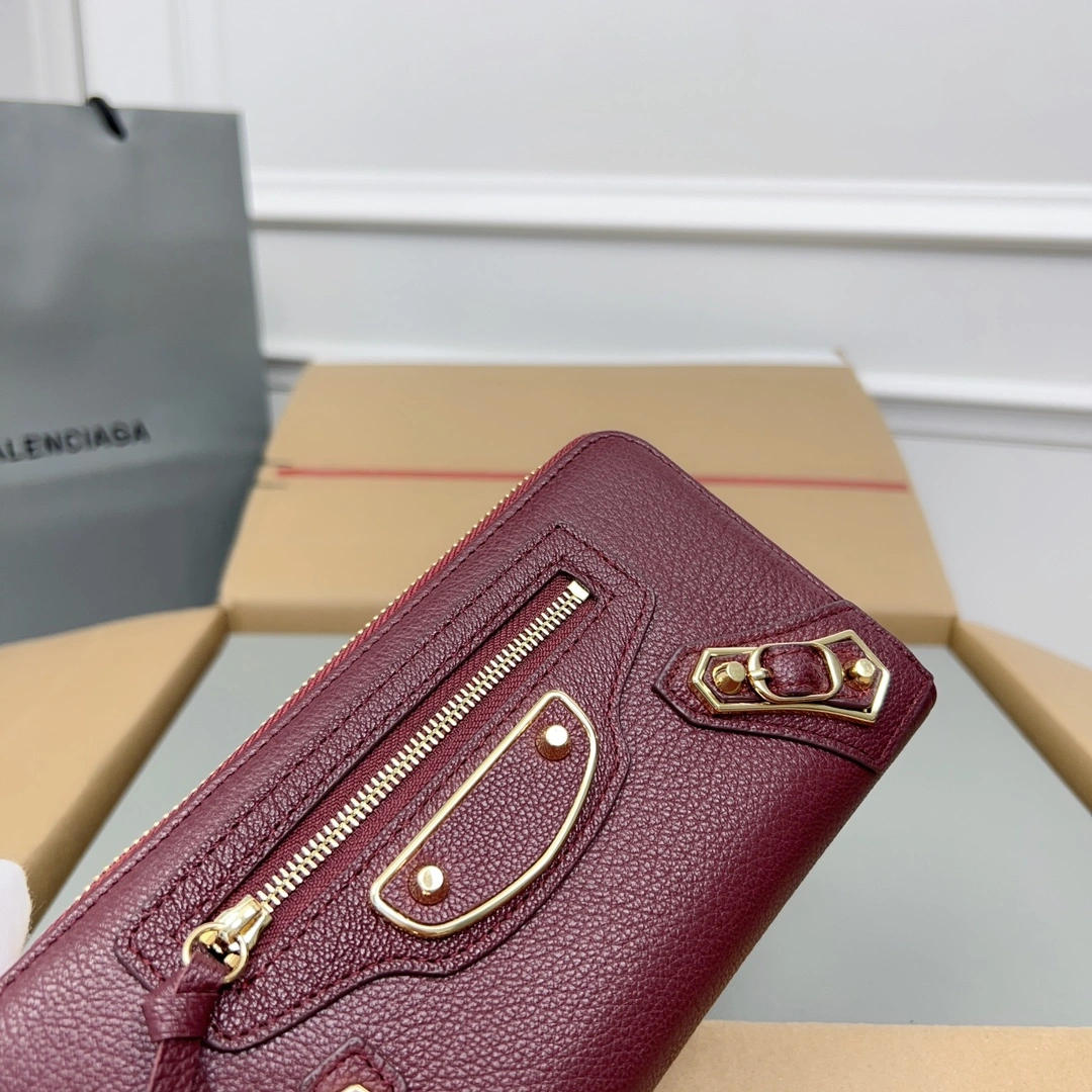 Balenciaga Burgundy Vintage Leather Motorcycle Wallet with Heart Design Trendy 60830