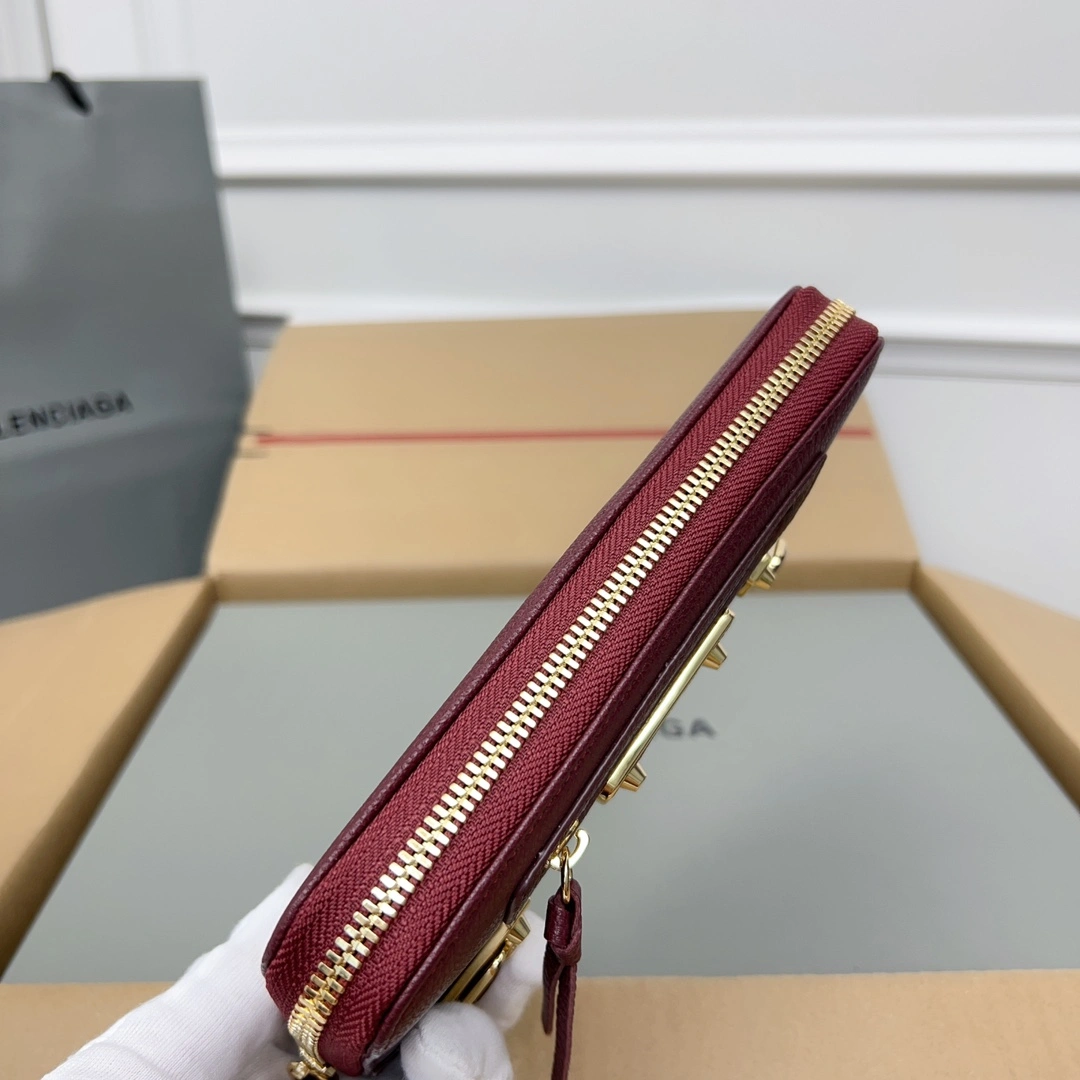 Balenciaga Burgundy Vintage Leather Motorcycle Wallet with Heart Design Trendy 60830