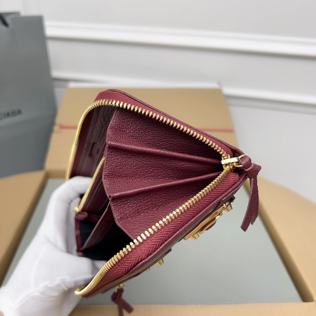 Balenciaga Burgundy Vintage Leather Motorcycle Wallet with Heart Design Trendy 60830