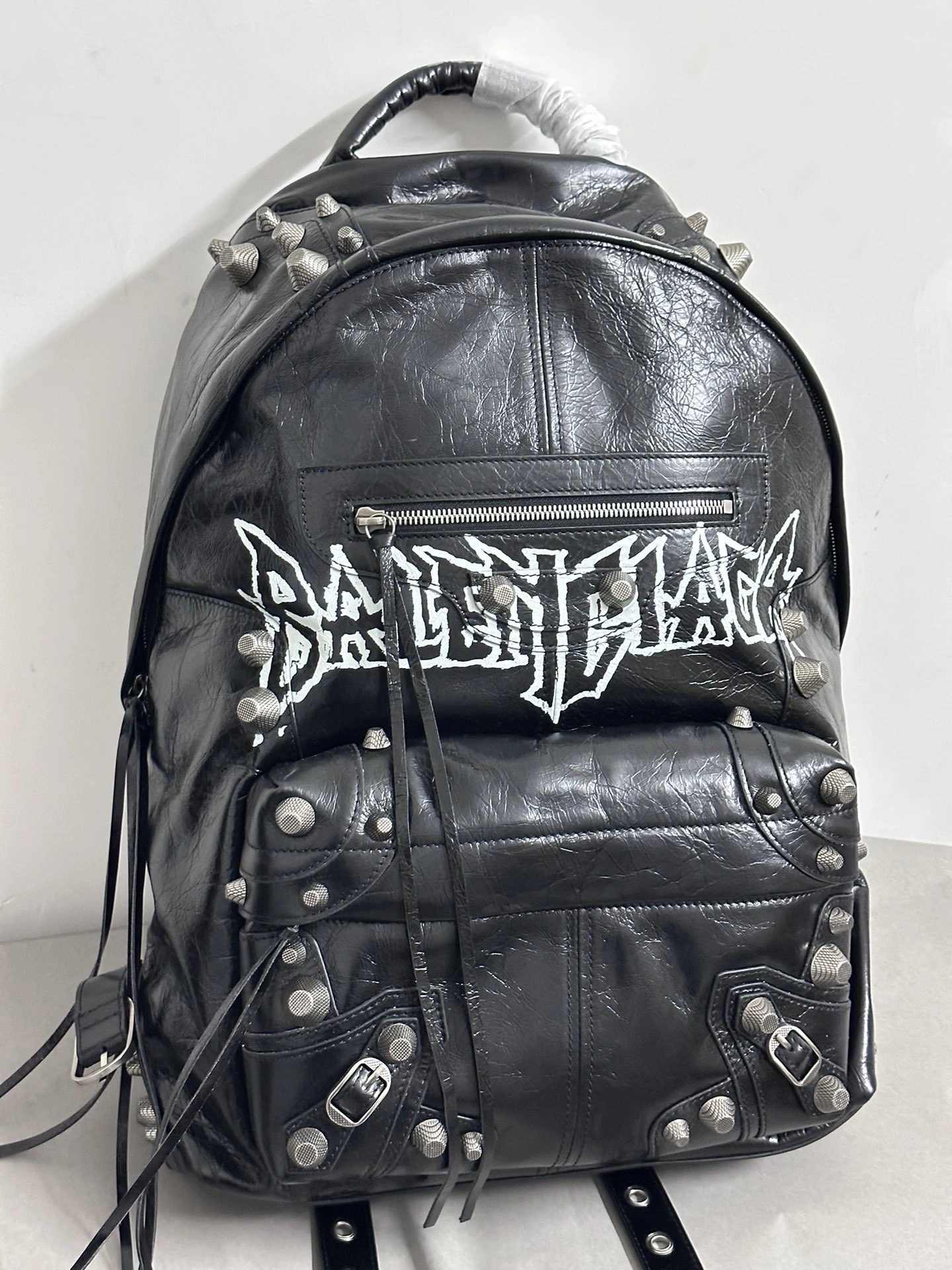 Balenciaga Cool Cagole Studded Graffiti Backpack in Cracked Lambskin Trendy 64699