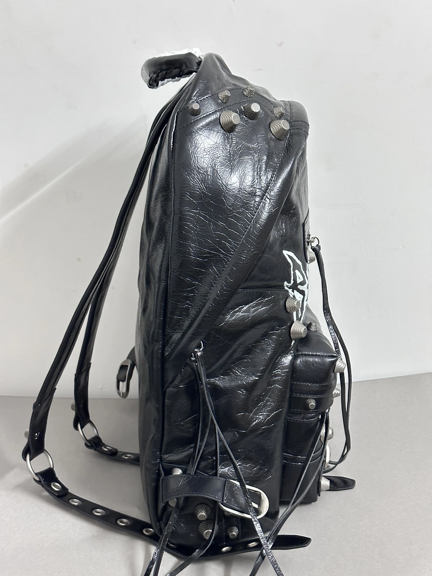 Balenciaga Cool Cagole Studded Graffiti Backpack in Cracked Lambskin Trendy 64699