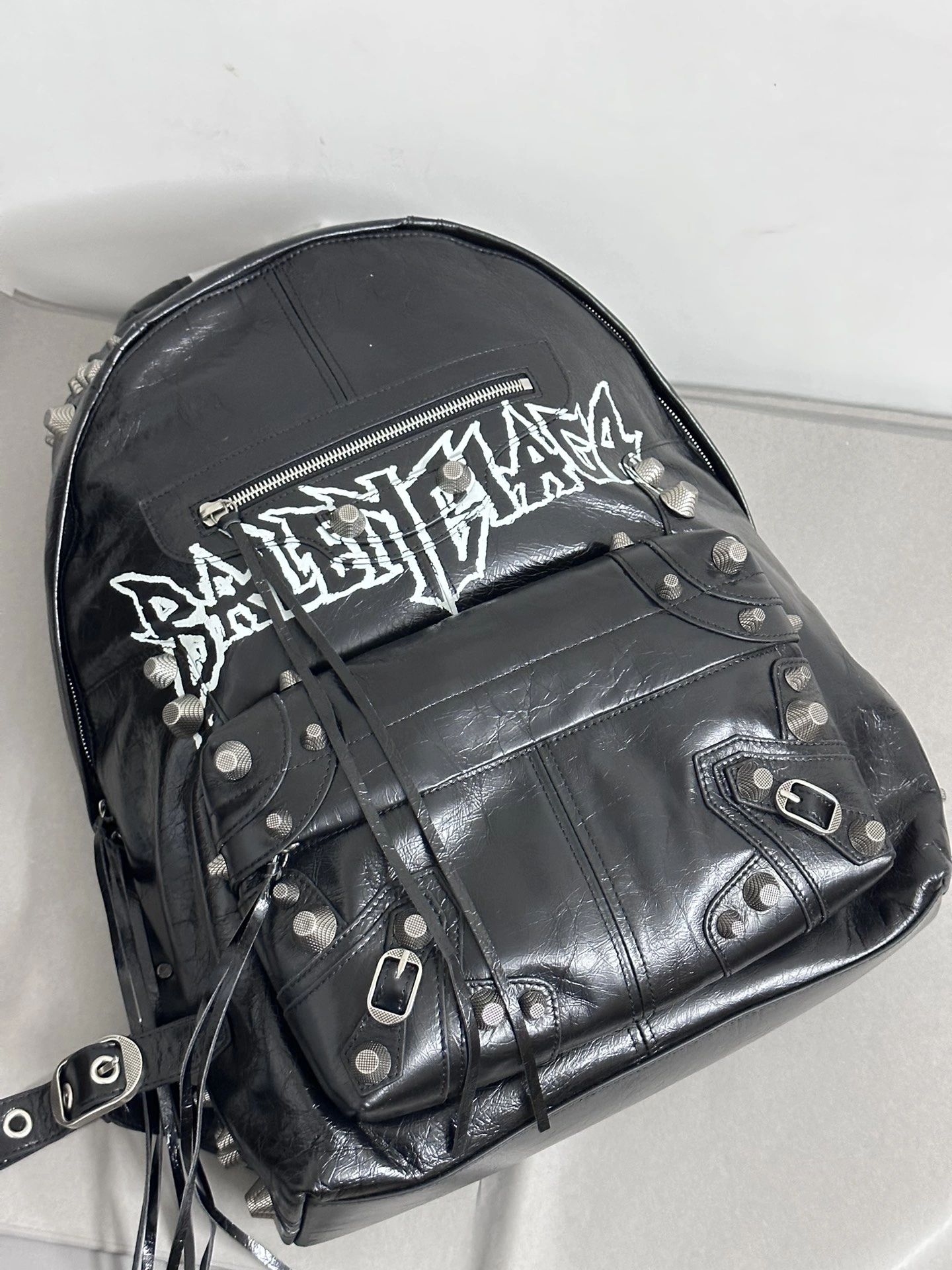 Balenciaga Cool Cagole Studded Graffiti Backpack in Cracked Lambskin Trendy 64699