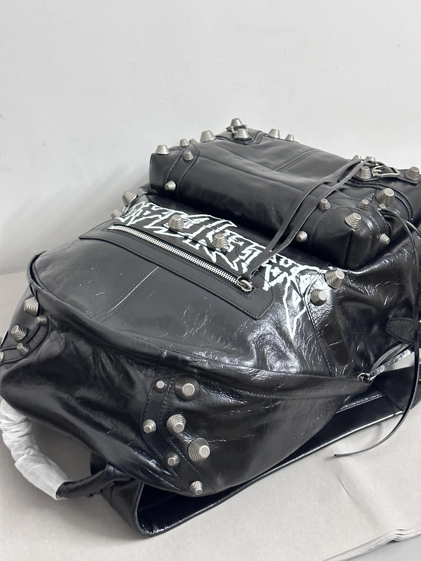 Balenciaga Cool Cagole Studded Graffiti Backpack in Cracked Lambskin Trendy 64699