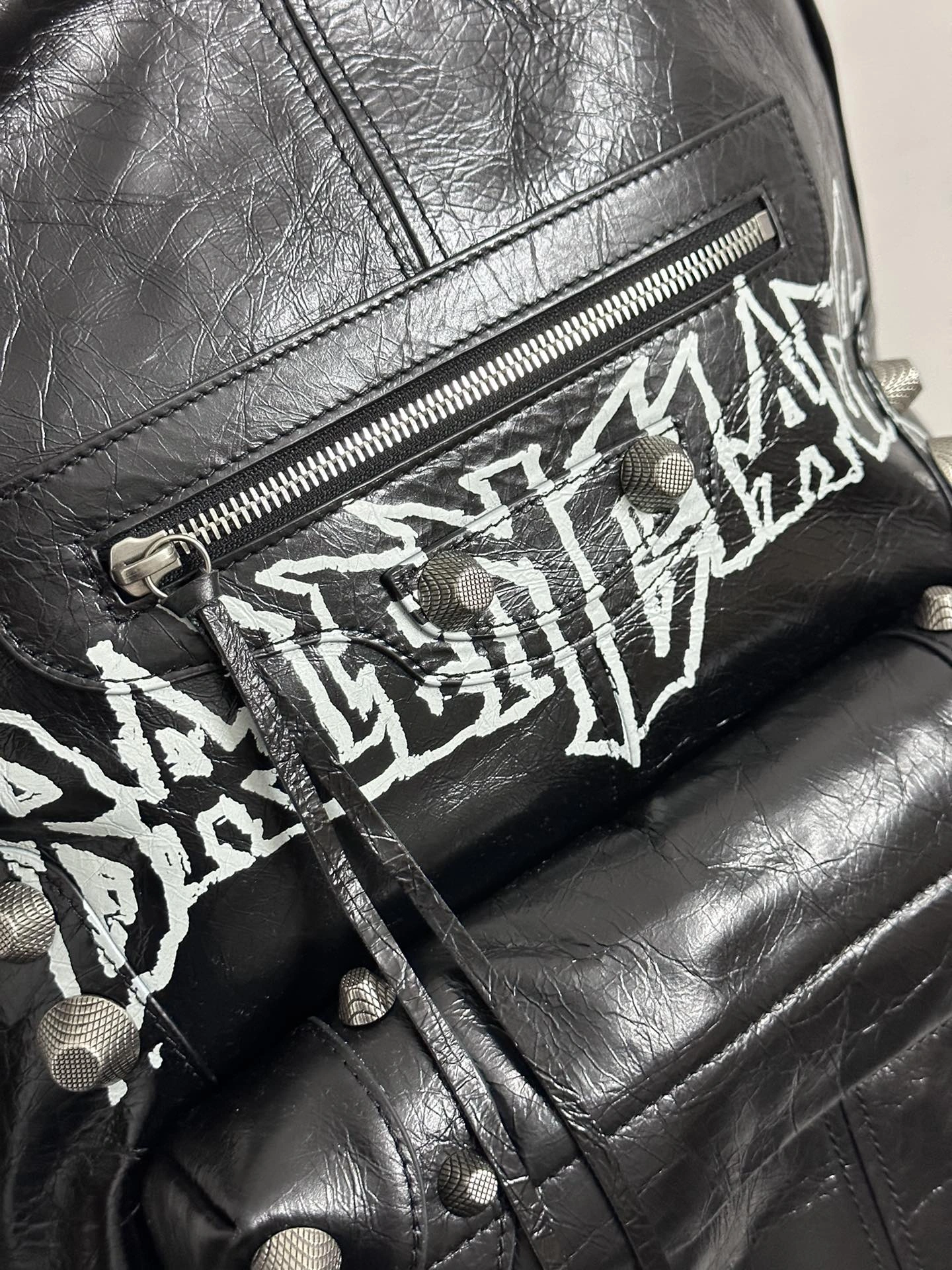 Balenciaga Cool Cagole Studded Graffiti Backpack in Cracked Lambskin Trendy 64699