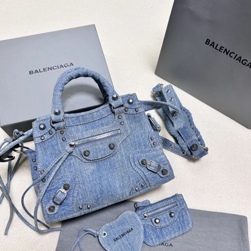 Modern Balenciaga Denim Blue Cagole Motorcycle Bag with Rhinestones - XS Size 78786