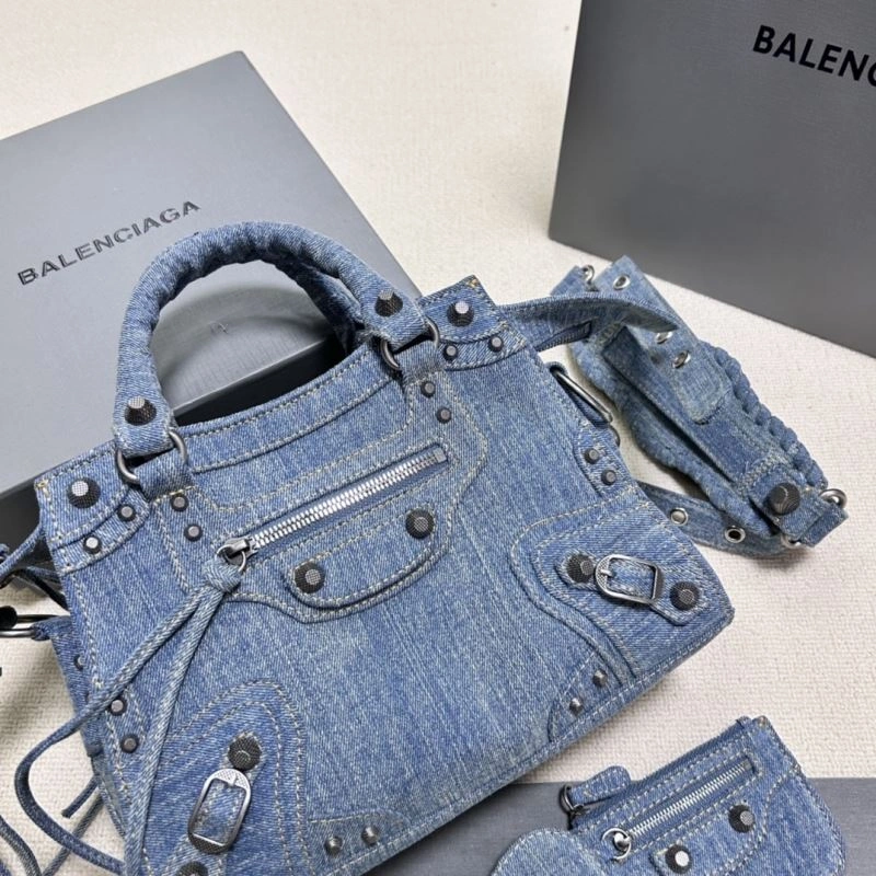 Modern Balenciaga Denim Blue Cagole Motorcycle Bag with Rhinestones - XS Size 78786
