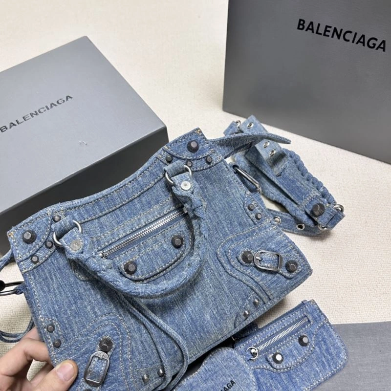 Modern Balenciaga Denim Blue Cagole Motorcycle Bag with Rhinestones - XS Size 78786