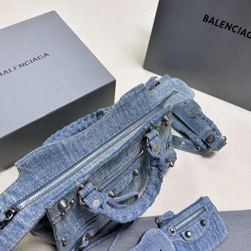 Modern Balenciaga Denim Blue Cagole Motorcycle Bag with Rhinestones - XS Size 78786
